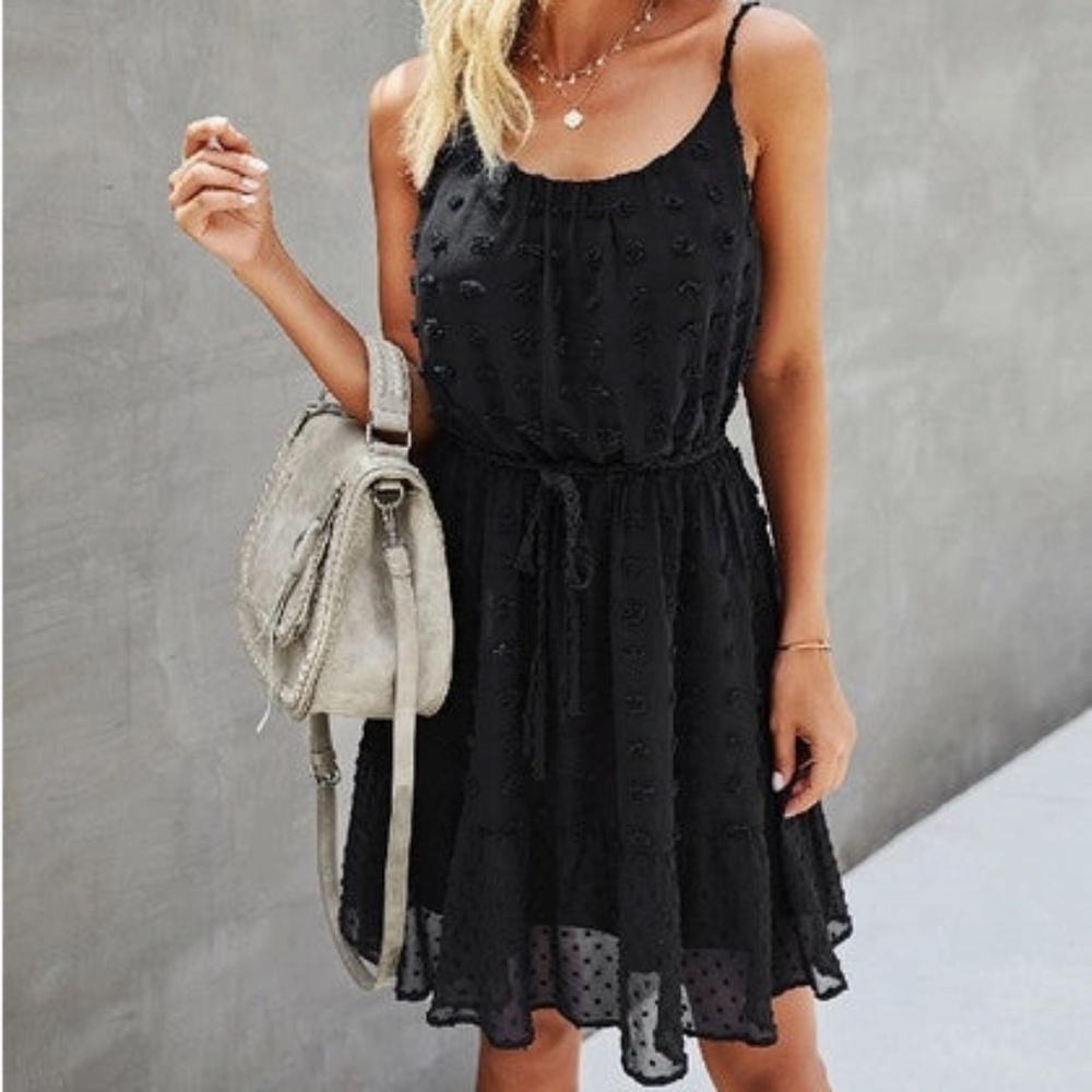 NEW! Supreme Fashion Spaghetti Strap Lined Ruffle Casual Short Dress Black Large - Picture 2 of 6